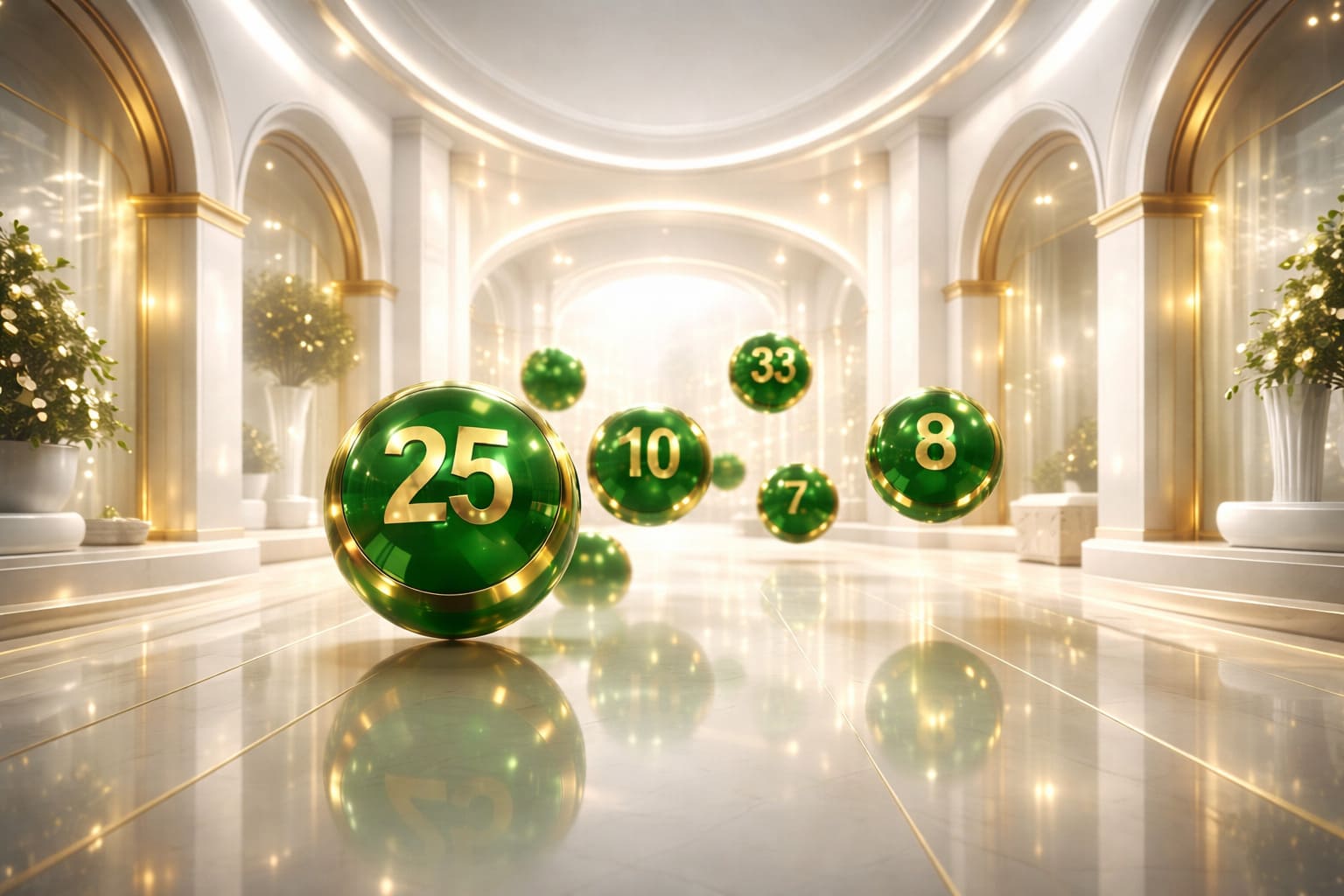 Premium UAE digital lottery brand artwork, elegant fintech architecture, emerald gold lighting, official luxury atmosphere, no text, 16:9