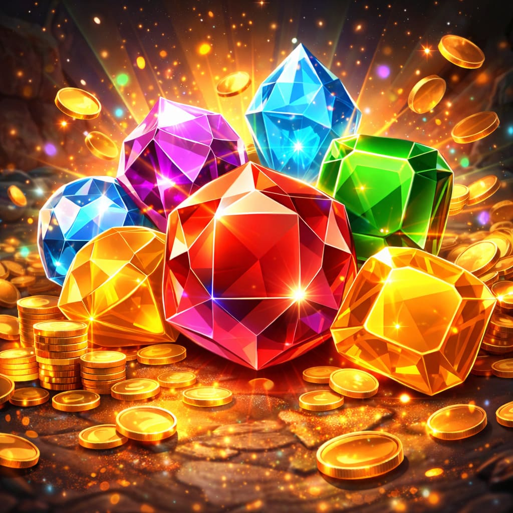 Modern e-instant game art, gemstone treasure theme, colorful premium casual game artwork, polished digital entertainment style, no text, 1:1