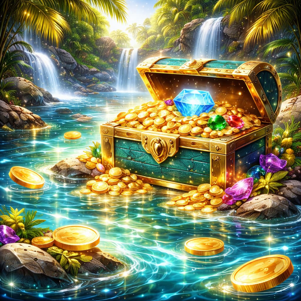 Modern e-instant game art, lagoon treasure theme, premium aqua palette, polished casual game artwork, no text, 1:1