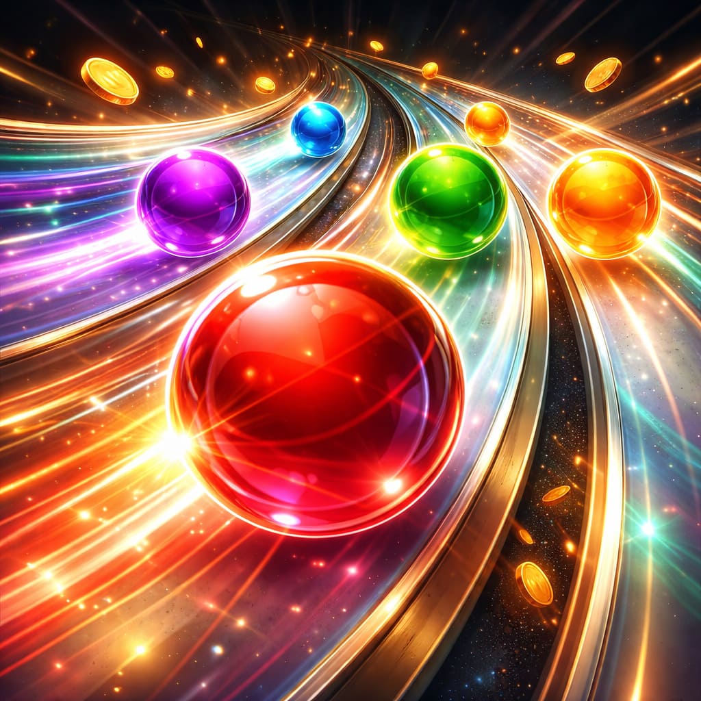Modern e-instant game art, glossy marble race theme, premium colorful motion style, polished digital entertainment artwork, no text, 1:1