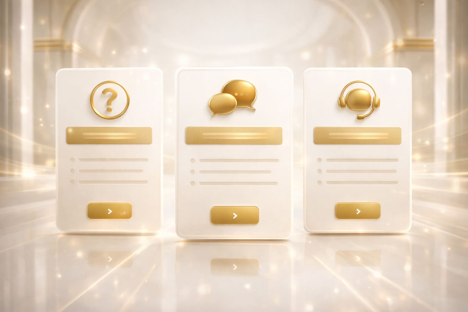 Clean premium FAQ support artwork, official customer help atmosphere, white gold and green palette, no text, 16:9