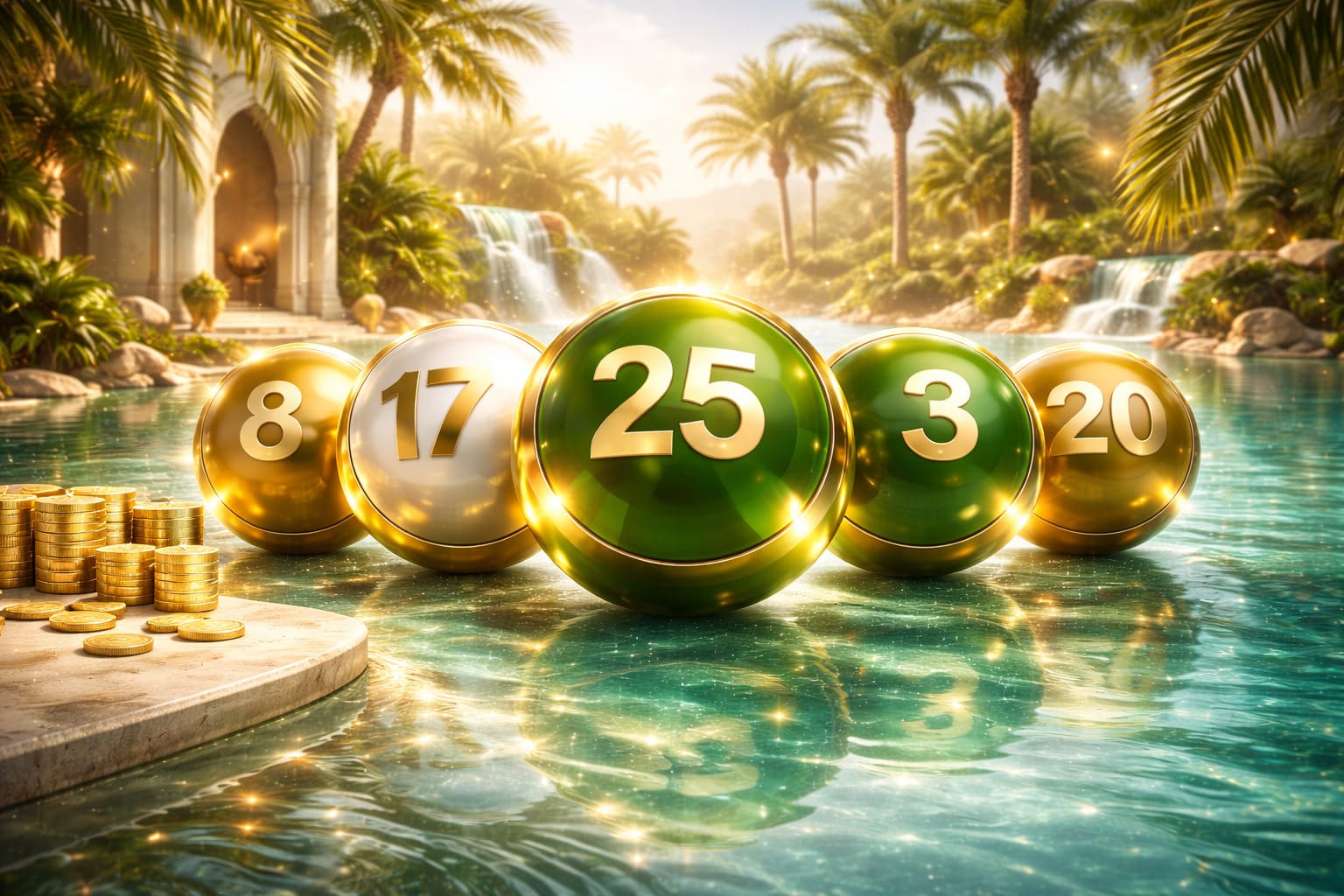 Elegant oasis-themed lottery card art, premium green lagoon tones, glossy balls, official digital platform style, no text, 16:9