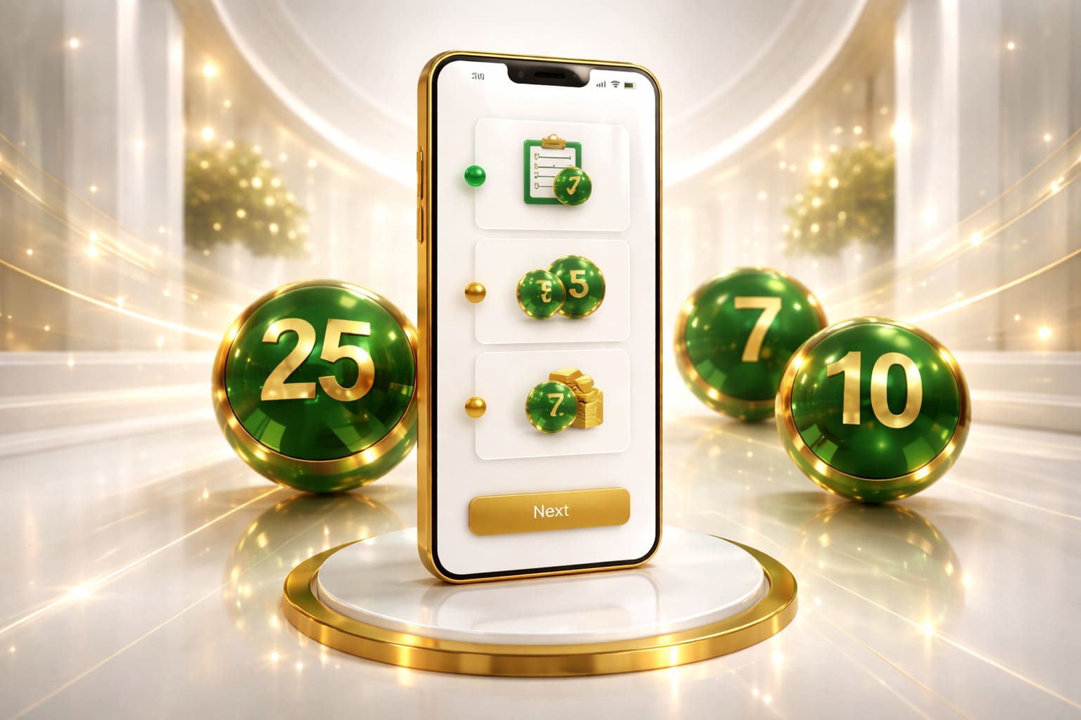 Premium lottery onboarding visual, elegant mobile interface, emerald and gold lighting, trustworthy digital product style, no text, 16:9