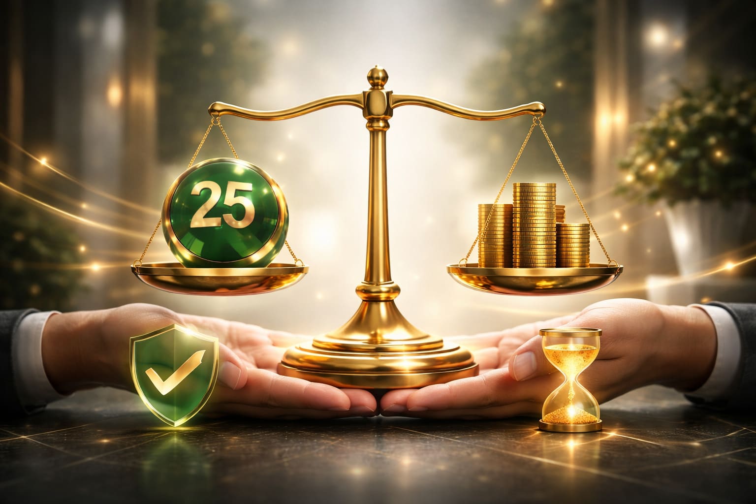 Responsible play visual for premium lottery brand, calm official atmosphere, emerald charcoal and gold lighting, supportive tone, no text, 16:9