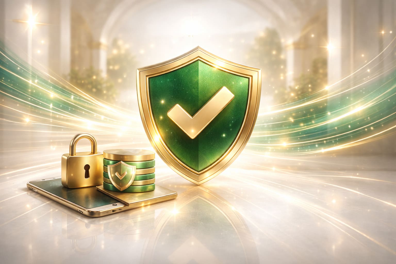 Premium privacy policy banner for official lottery platform, secure digital identity atmosphere, white emerald and gold palette, no text, 16:9