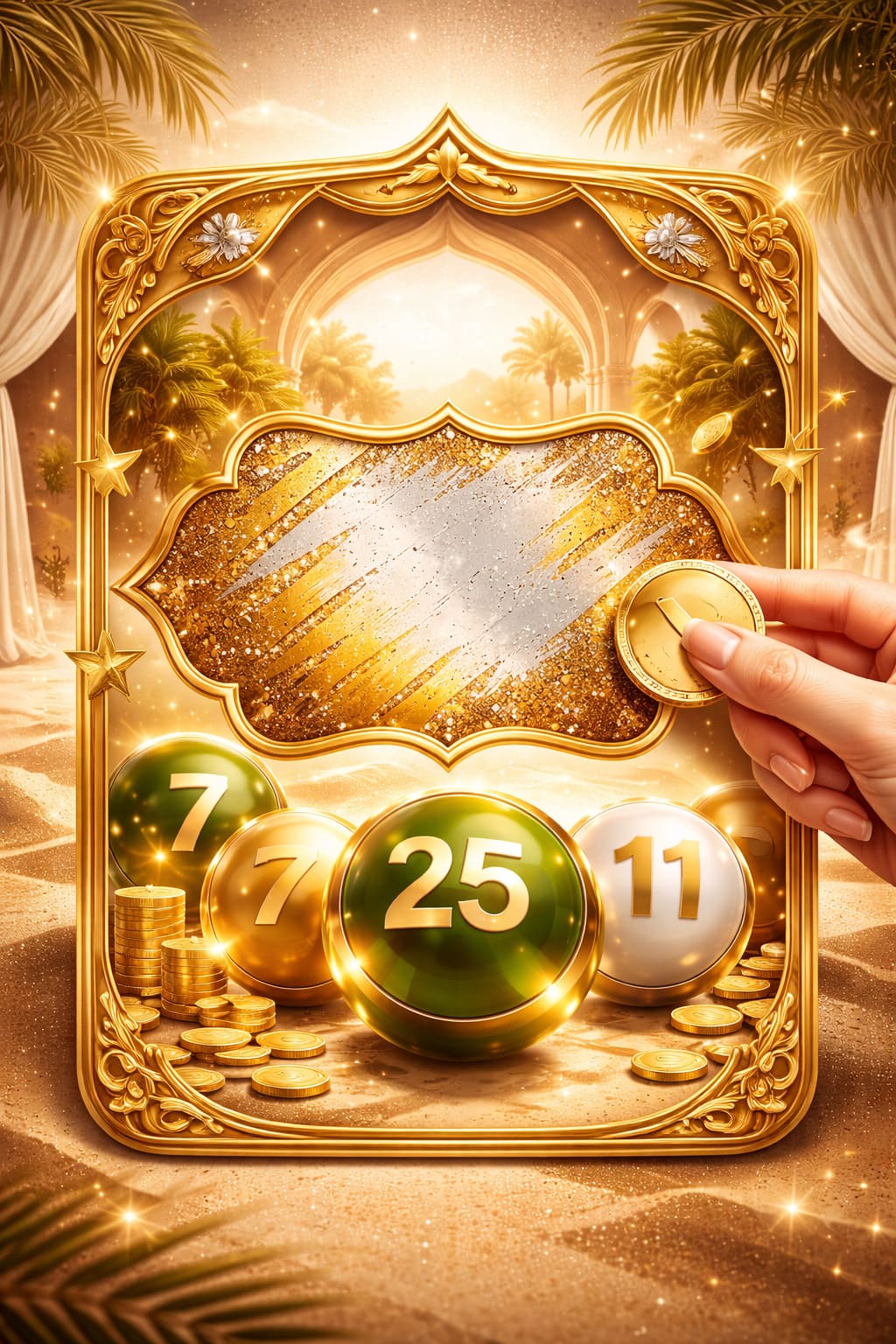 Premium scratch card illustration, gold and desert-inspired luxury theme, elegant Arabic visual accents, glossy promotional style, no text, 4:5