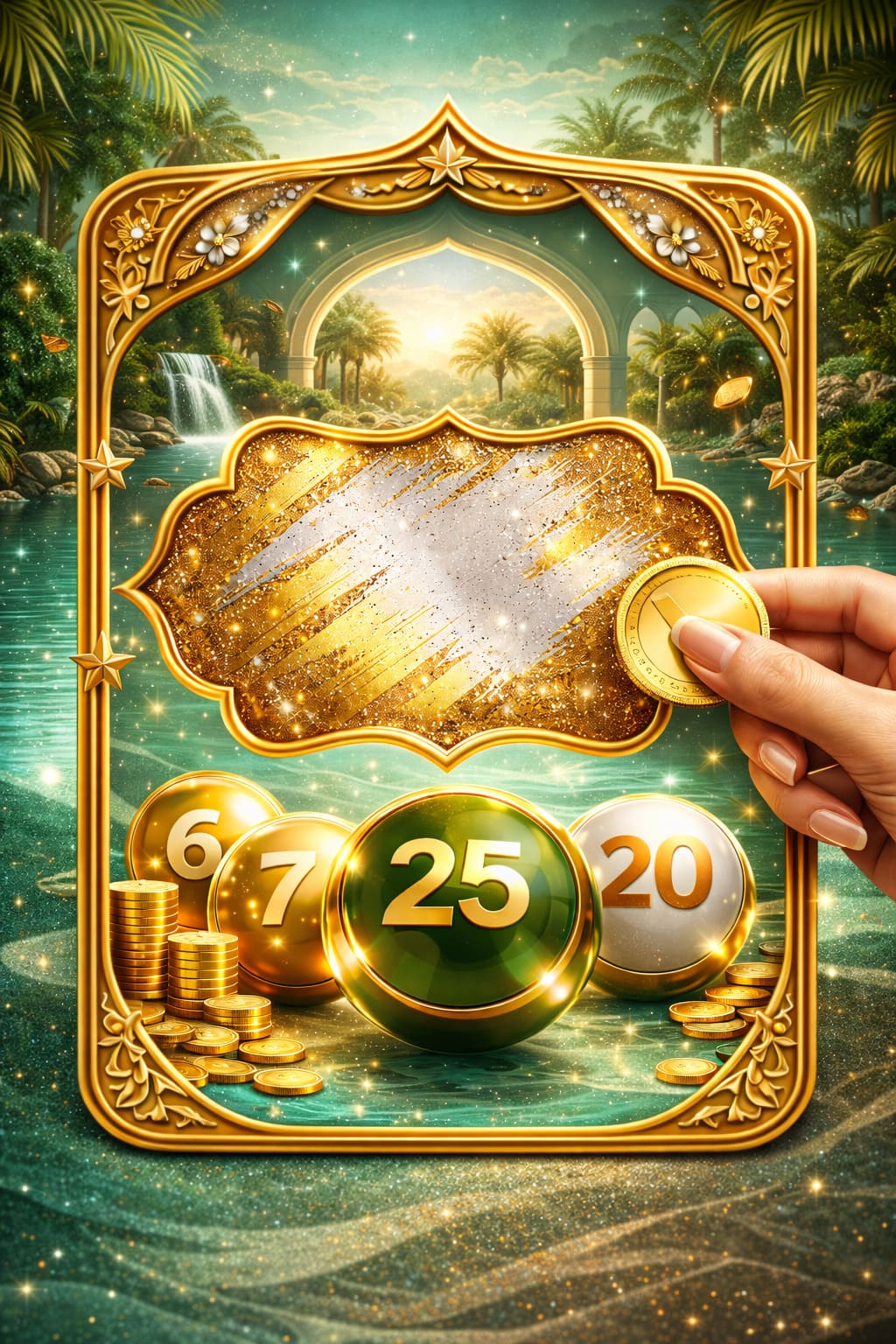 Premium scratch card illustration, oasis-inspired emerald palette, glossy luxury promotional design, no text, 4:5